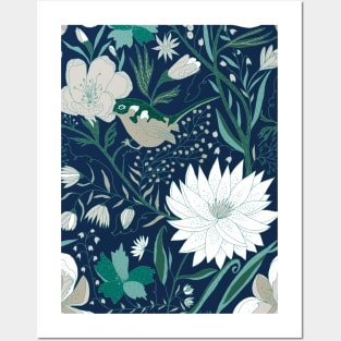 Floral garden with bird navy blue, green and neutral Posters and Art